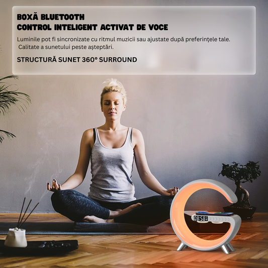 Lampă LED RGB cu Boxă Bluetooth, Ceas și Încărcare Wireless 15W – 256 Culori, Control APP