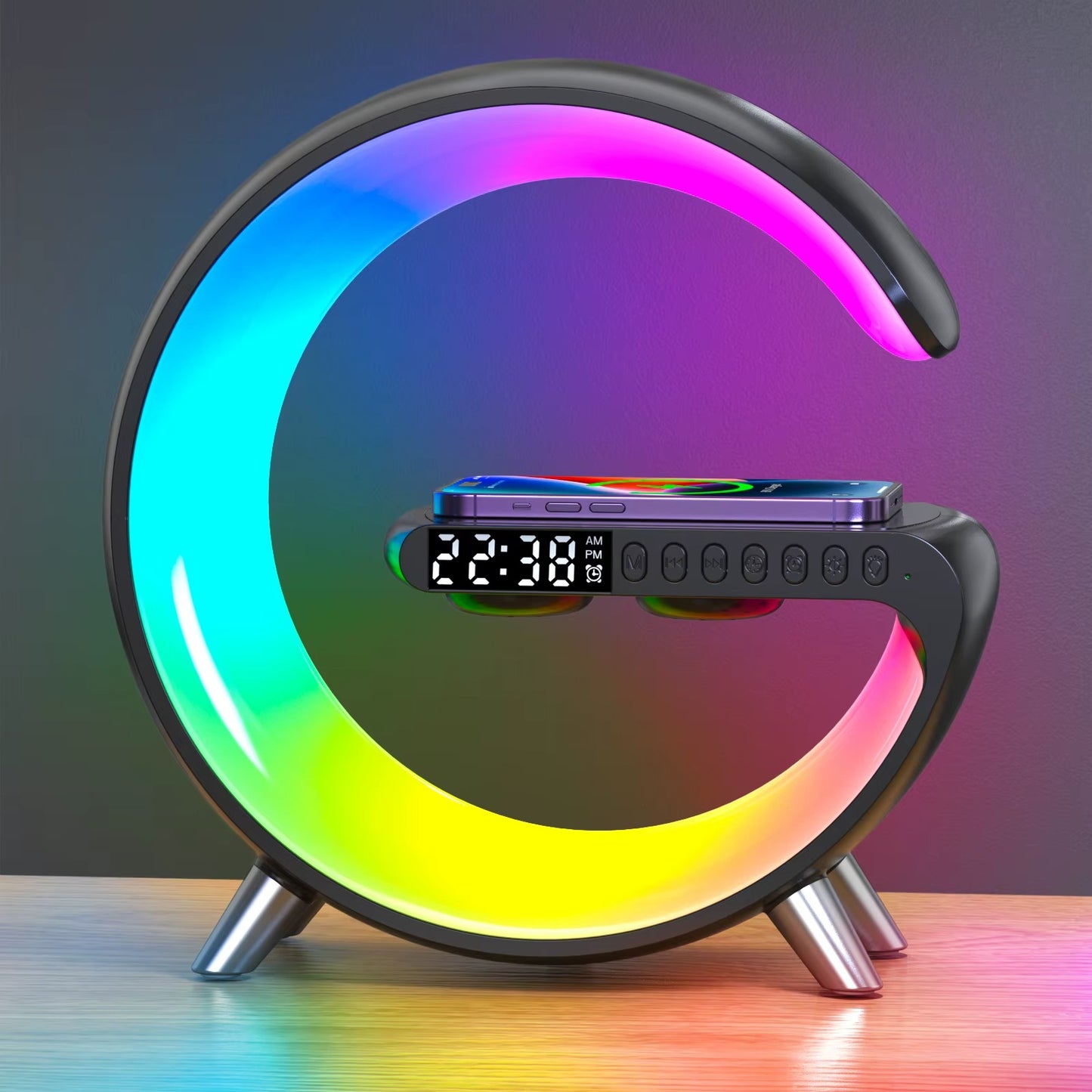 Lampă LED RGB cu Boxă Bluetooth, Ceas și Încărcare Wireless 15W – 256 Culori, Control APP