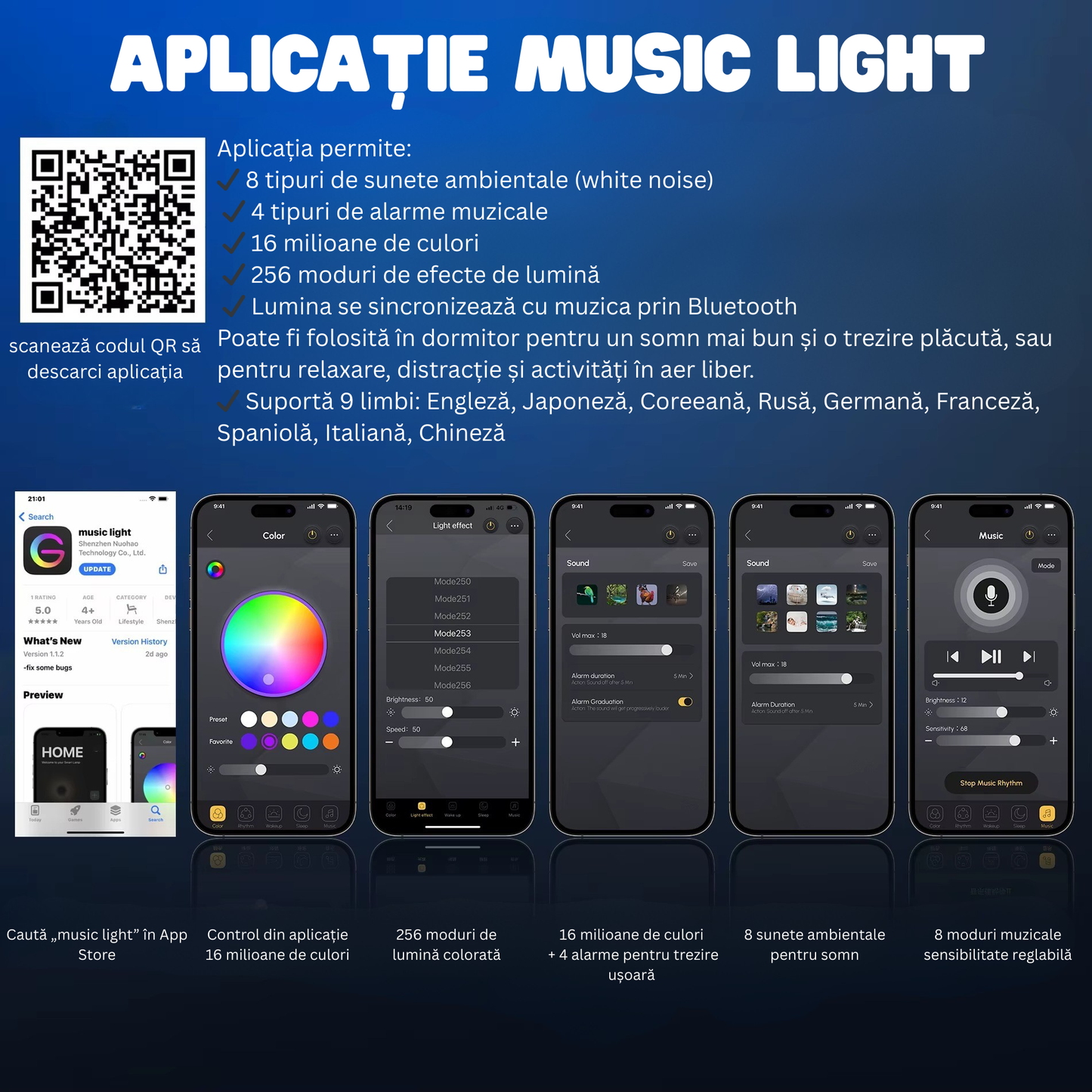 Lampă LED RGB cu Boxă Bluetooth, Ceas și Încărcare Wireless 15W – 256 Culori, Control APP
