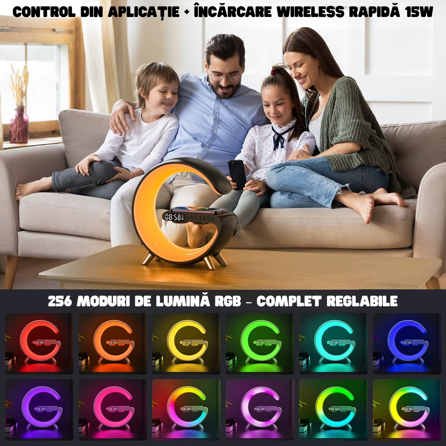 Lampă LED RGB cu Boxă Bluetooth, Ceas și Încărcare Wireless 15W – 256 Culori, Control APP