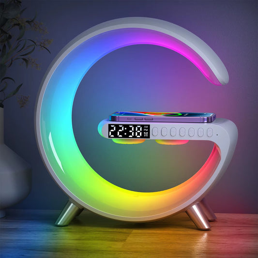 Lampă LED RGB cu Boxă Bluetooth, Ceas și Încărcare Wireless 15W – 256 Culori, Control APP